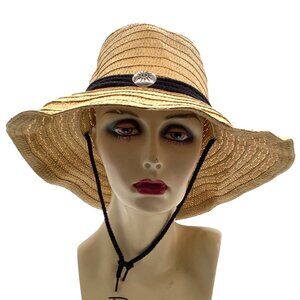 Southwestern Sun Embellished Floppy Wide Brim Straw Panama Sun Hat Draw Cord